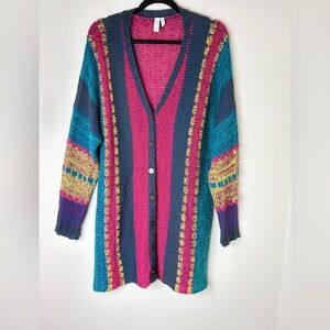 Sahalie Button Tunic Cardigan Sweater Women’s Size XL Wool Blend Colorful Boho